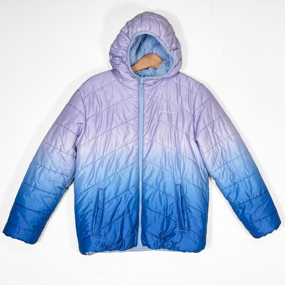 Eddie Bauer Kids‎ Reversible Ombre Puffer Jacket Girls L (14/16) Fleece Blue
